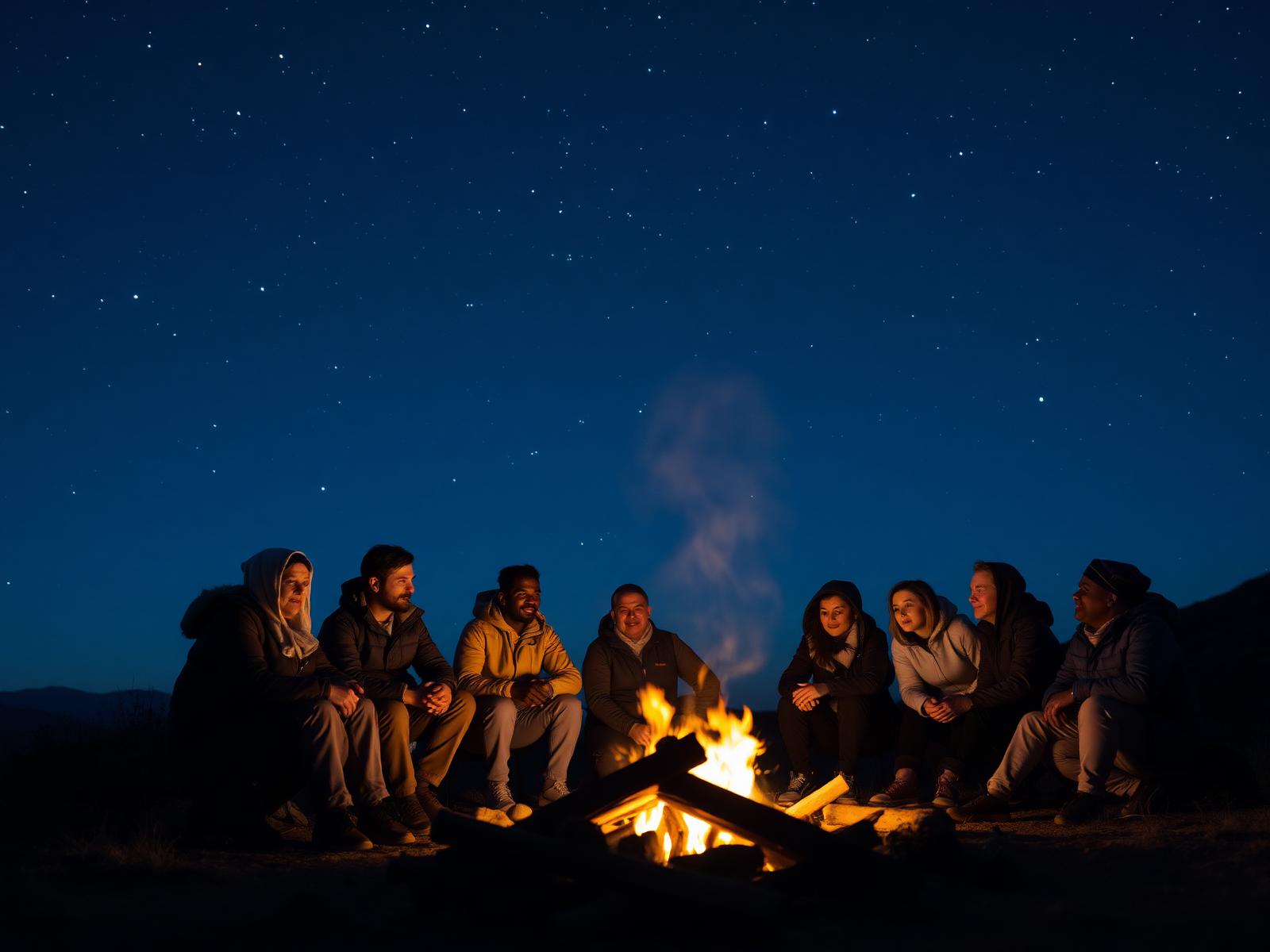 Travelers around a campfire under a starry sky